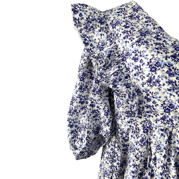 H&M Women’s Blue and White Floral Anglaise Puffed Sleeves Oversized Mini Dress M - Picture 6 of 11